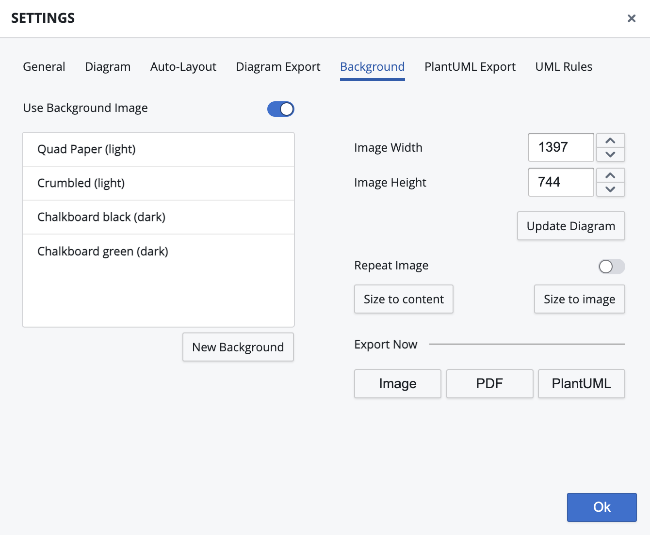 The diagram options dialog contains diagram specific settings