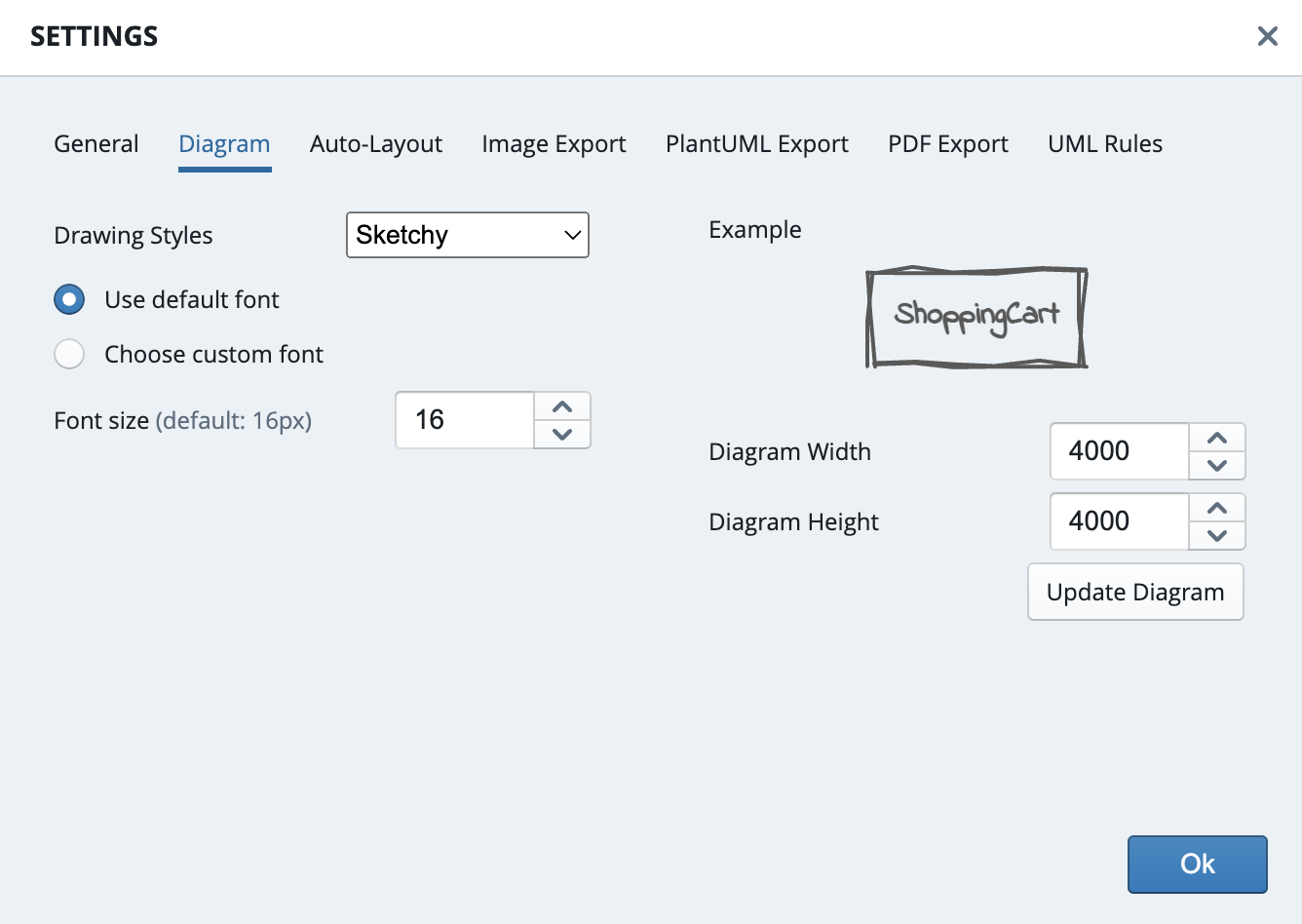 The diagram options dialog contains diagram specific settings