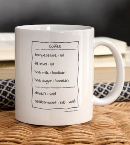 A coffe cup with an UML diagram describing a coffee-class